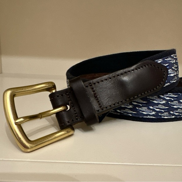 Vineyard Vines Men’s Belt S 32 Boat Blue Canvas Print Brown Leather Brass Buckle - Picture 8 of 10